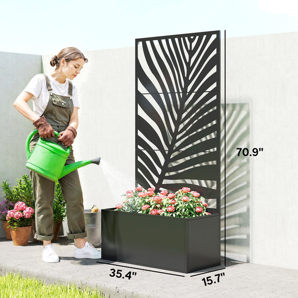 Metal Planter Box with Trellis, 71" Tall Raised Garden Bed with Trellis Privacy Screen for Climbing Plants, Large Leaf Cut-Out Privacy Planter for Garden, Patio, Balcony