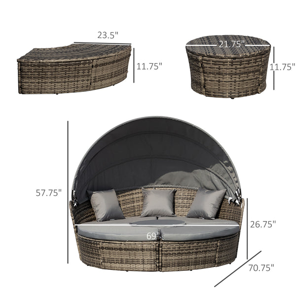 Outsunny 4-Piece Round Convertible Daybed with Cushions, Outdoor PE Rattan Patio Wicker Sofa Set, Sunbed with Adjustable Sun Canopy, Sectional Sofa, 2 Chairs, Table, 3 Pillows, Gray