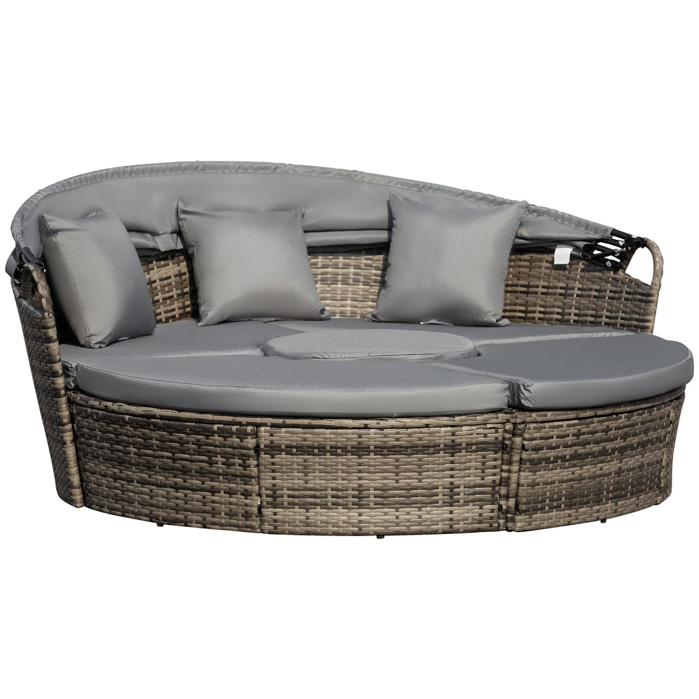 Outsunny 4-Piece Round Convertible Daybed with Cushions, Outdoor PE Rattan Patio Wicker Sofa Set, Sunbed with Adjustable Sun Canopy, Sectional Sofa, 2 Chairs, Table, 3 Pillows, Gray