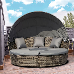 Outsunny 4-Piece Round Convertible Daybed with Cushions, Outdoor PE Rattan Patio Wicker Sofa Set, Sunbed with Adjustable Sun Canopy, Sectional Sofa, 2 Chairs, Table, 3 Pillows, Gray