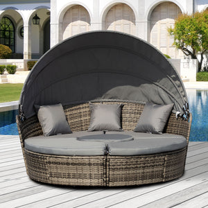 Outsunny 4-Piece Round Convertible Daybed with Cushions, Outdoor PE Rattan Patio Wicker Sofa Set, Sunbed with Adjustable Sun Canopy, Sectional Sofa, 2 Chairs, Table, 3 Pillows, Gray