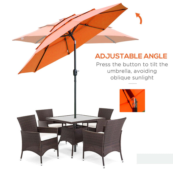 Outsunny 9FT 3 Tiers Patio Umbrella Outdoor Market Umbrella with Crank, Push Button Tilt for Deck, Backyard and Lawn, Orange