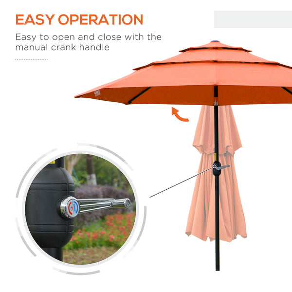 Outsunny 9FT 3 Tiers Patio Umbrella Outdoor Market Umbrella with Crank, Push Button Tilt for Deck, Backyard and Lawn, Orange