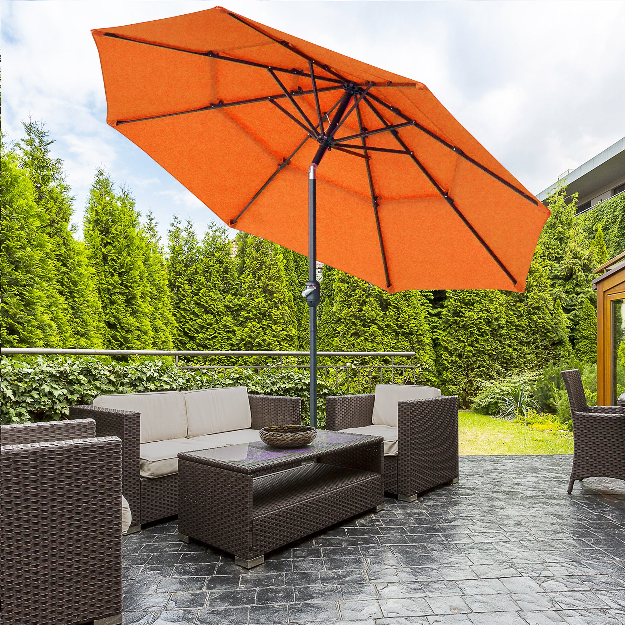 9 ft orange patio umbrella Outsunny 9FT 3-Tier Patio Umbrella, Stylish Orange Shade, Crank & Tilt