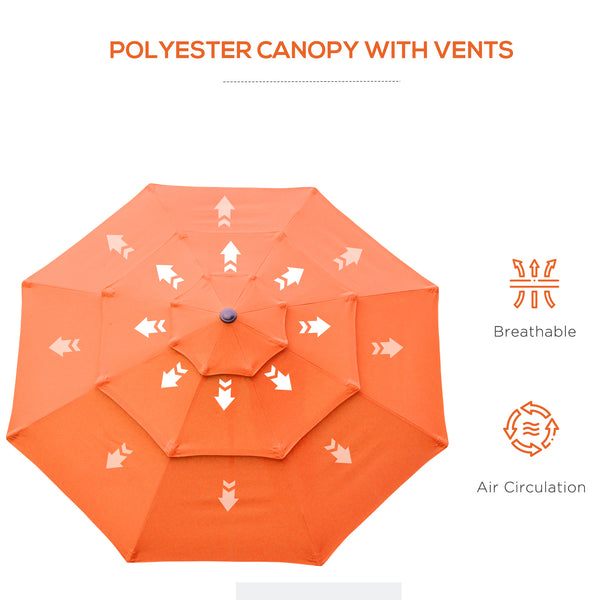 Outsunny 9FT 3 Tiers Patio Umbrella Outdoor Market Umbrella with Crank, Push Button Tilt for Deck, Backyard and Lawn, Orange