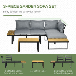 3 Pieces Patio Furniture Set, Outdoor Garden Sofa Conversation Set w/ Padded Cushions, Wood Grain Plastic Top Table and Side Panel, Dark Grey