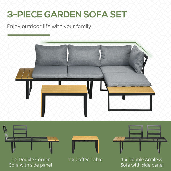 3 Pieces Patio Furniture Set, Outdoor Garden Sofa Conversation Set w/ Padded Cushions, Wood Grain Plastic Top Table and Side Panel, Dark Grey