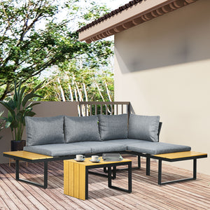 3 Pieces Patio Furniture Set, Outdoor Garden Sofa Conversation Set w/ Padded Cushions, Wood Grain Plastic Top Table and Side Panel, Dark Grey