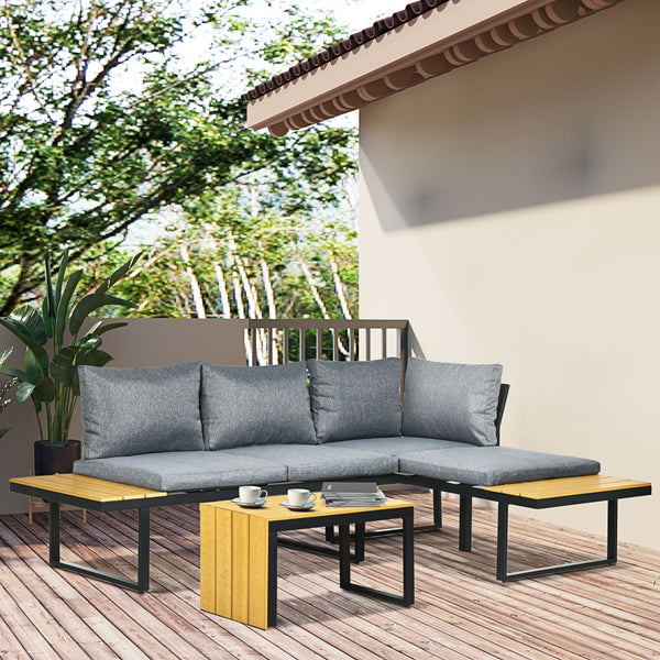3 Pieces Patio Furniture Set, Outdoor Garden Sofa Conversation Set w/ Padded Cushions, Wood Grain Plastic Top Table and Side Panel, Dark Grey