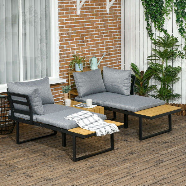 3 Pieces Patio Furniture Set, Outdoor Garden Sofa Conversation Set w/ Padded Cushions, Wood Grain Plastic Top Table and Side Panel, Dark Grey