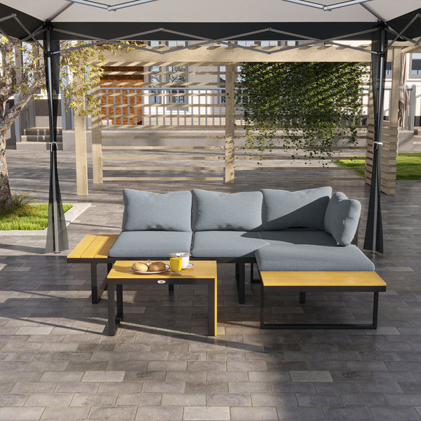 3 Pieces Patio Furniture Set, Outdoor Garden Sofa Conversation Set w/ Padded Cushions, Wood Grain Plastic Top Table and Side Panel, Dark Grey