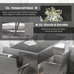 7-Piece Rattan Garden Furniture Set with Cushions, 6 Seater Garden Table and Chairs, Rattan Dining Set with 6 Armchairs, Rectangular Glass Top Table, Charcoal Grey