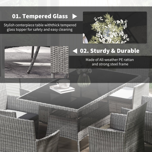 7-Piece Rattan Garden Furniture Set with Cushions, 6 Seater Garden Table and Chairs, Rattan Dining Set with 6 Armchairs, Rectangular Glass Top Table, Charcoal Grey