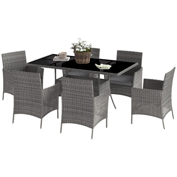 7-Piece Rattan Garden Furniture Set with Cushions, 6 Seater Garden Table and Chairs, Rattan Dining Set with 6 Armchairs, Rectangular Glass Top Table, Charcoal Grey