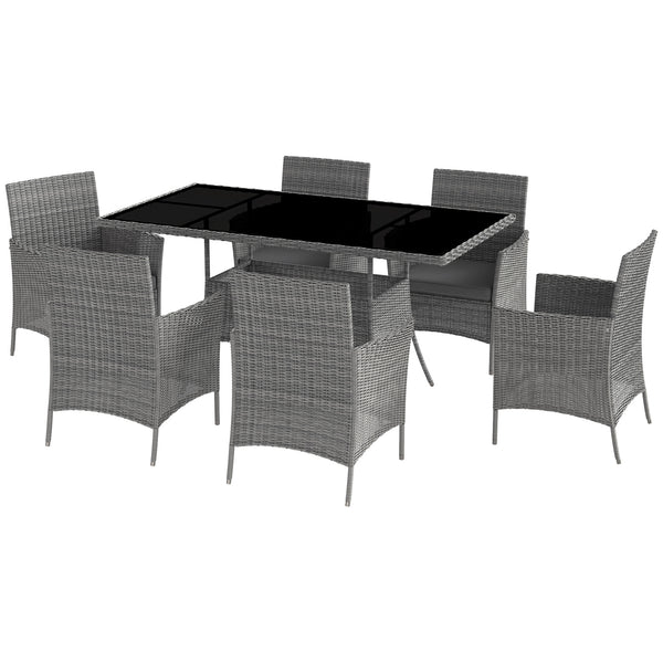 7-Piece Rattan Garden Furniture Set with Cushions, 6 Seater Garden Table and Chairs, Rattan Dining Set with 6 Armchairs, Rectangular Glass Top Table, Charcoal Grey