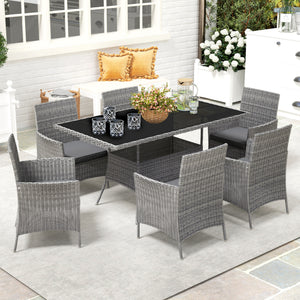 7-Piece Rattan Garden Furniture Set with Cushions, 6 Seater Garden Table and Chairs, Rattan Dining Set with 6 Armchairs, Rectangular Glass Top Table, Charcoal Grey