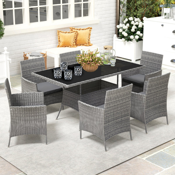 7-Piece Rattan Garden Furniture Set with Cushions, 6 Seater Garden Table and Chairs, Rattan Dining Set with 6 Armchairs, Rectangular Glass Top Table, Charcoal Grey