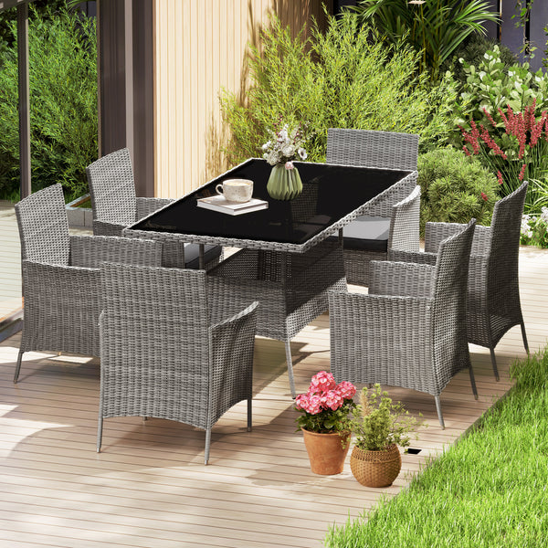 7-Piece Rattan Garden Furniture Set with Cushions, 6 Seater Garden Table and Chairs, Rattan Dining Set with 6 Armchairs, Rectangular Glass Top Table, Charcoal Grey