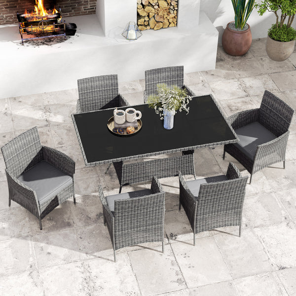 7-Piece Rattan Garden Furniture Set with Cushions, 6 Seater Garden Table and Chairs, Rattan Dining Set with 6 Armchairs, Rectangular Glass Top Table, Charcoal Grey
