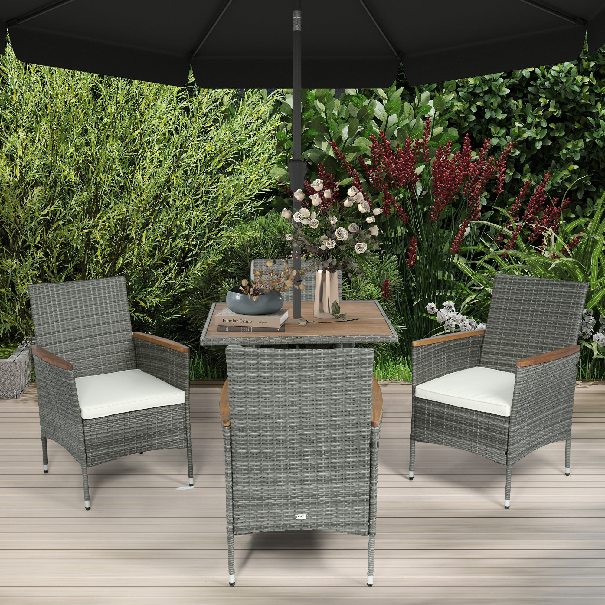 Piece Rattan Patio Dining Set with Umbrella Hole Cushions for Garden Backyard, Teak