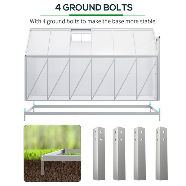 Outsunny 12' x 6' x 6.5' Polycarbonate Greenhouse with Aluminum Frame, Walk-in Heavy Duty Greenhouse with Adjustable Roof Vent, Rain Gutter and Sliding Door for Winter, Silver