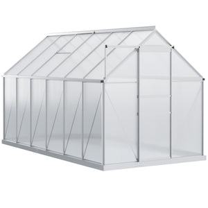 Outsunny 12' x 6' x 6.5' Polycarbonate Greenhouse with Aluminum Frame, Walk-in Heavy Duty Greenhouse with Adjustable Roof Vent, Rain Gutter and Sliding Door for Winter, Silver