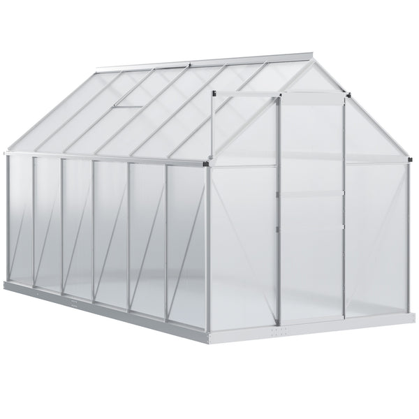 Outsunny 12' x 6' x 6.5' Polycarbonate Greenhouse with Aluminum Frame, Walk-in Heavy Duty Greenhouse with Adjustable Roof Vent, Rain Gutter and Sliding Door for Winter, Silver