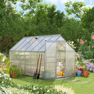 Outsunny 12' x 6' x 6.5' Polycarbonate Greenhouse with Aluminum Frame, Walk-in Heavy Duty Greenhouse with Adjustable Roof Vent, Rain Gutter and Sliding Door for Winter, Silver