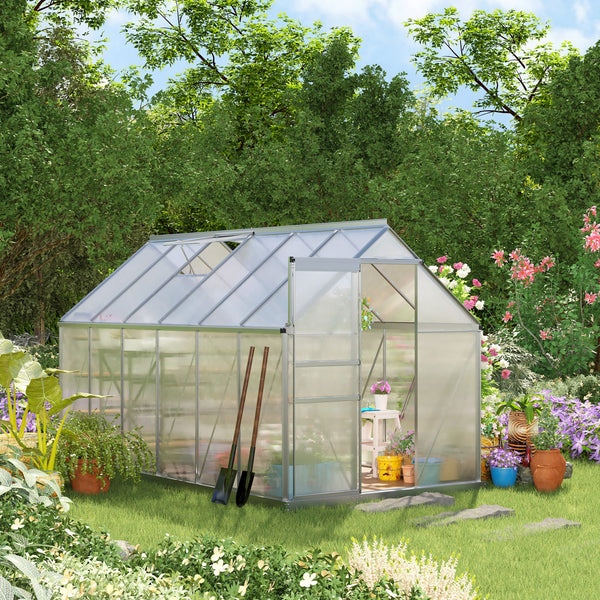 Outsunny 12' x 6' x 6.5' Polycarbonate Greenhouse with Aluminum Frame, Walk-in Heavy Duty Greenhouse with Adjustable Roof Vent, Rain Gutter and Sliding Door for Winter, Silver