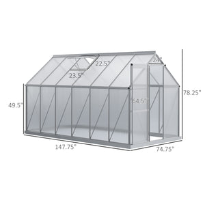 Outsunny 12' x 6' x 6.5' Polycarbonate Greenhouse with Aluminum Frame, Walk-in Heavy Duty Greenhouse with Adjustable Roof Vent, Rain Gutter and Sliding Door for Winter, Silver