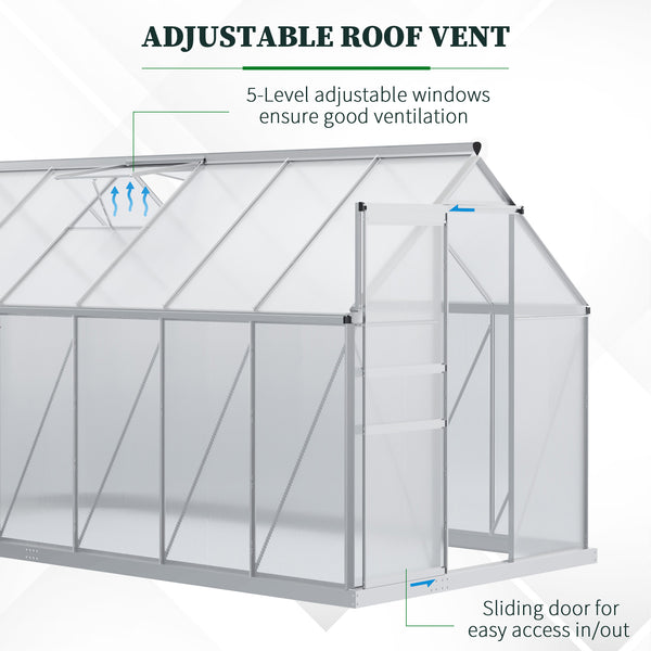 Outsunny 12' x 6' x 6.5' Polycarbonate Greenhouse with Aluminum Frame, Walk-in Heavy Duty Greenhouse with Adjustable Roof Vent, Rain Gutter and Sliding Door for Winter, Silver