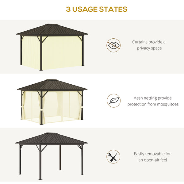 Outsunny 10' x 12' Hardtop Gazebo with Curtains and Netting, Permanent Pavilion Metal Single Roof Gazebo Canopy with Aluminum Frame and Hooks, for Garden, Patio, Backyard, Cream White