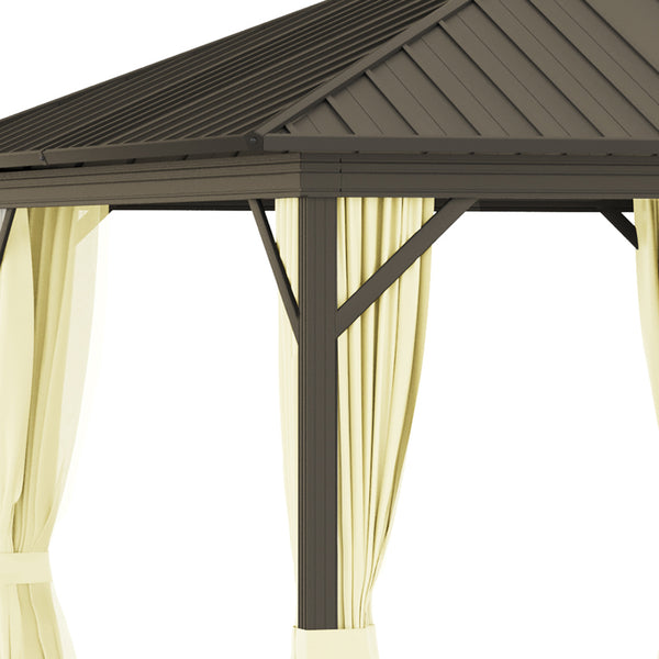 Outsunny 10' x 12' Hardtop Gazebo with Curtains and Netting, Permanent Pavilion Metal Single Roof Gazebo Canopy with Aluminum Frame and Hooks, for Garden, Patio, Backyard, Cream White