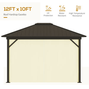 Outsunny 10' x 12' Hardtop Gazebo with Curtains and Netting, Permanent Pavilion Metal Single Roof Gazebo Canopy with Aluminum Frame and Hooks, for Garden, Patio, Backyard, Cream White