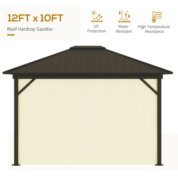 Outsunny 10' x 12' Hardtop Gazebo with Curtains and Netting, Permanent Pavilion Metal Single Roof Gazebo Canopy with Aluminum Frame and Hooks, for Garden, Patio, Backyard, Cream White