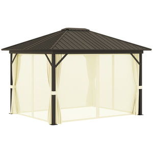 Outsunny 10' x 12' Hardtop Gazebo with Curtains and Netting, Permanent Pavilion Metal Single Roof Gazebo Canopy with Aluminum Frame and Hooks, for Garden, Patio, Backyard, Cream White