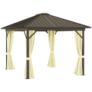 Outsunny 10' x 12' Hardtop Gazebo with Curtains and Netting, Permanent Pavilion Metal Single Roof Gazebo Canopy with Aluminum Frame and Hooks, for Garden, Patio, Backyard, Cream White