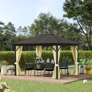 Outsunny 10' x 12' Hardtop Gazebo with Curtains and Netting, Permanent Pavilion Metal Single Roof Gazebo Canopy with Aluminum Frame and Hooks, for Garden, Patio, Backyard, Cream White