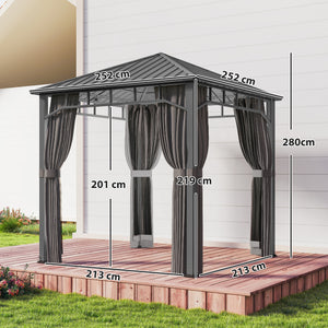 2.5 x 2.5 m Hardtop Gazebo with Galvanised Steel Roof, Waterproof Permanent Pavilion Garden Gazebo with Netting and Curtains for Patio, Deck, Dark Grey