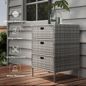 Outsunny Outdoor Towel Cabinet, PE Rattan Pool Storage Organizer, Freestanding Outdoor Towel Rack for Pool with 3 Drawers and Weather Safe Material, Gray