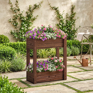 2-Tier Wooden Raised Planter, Raised Garden Bed on Legs with Drainage Holes and Bed Liner, Outdoor Elevated Garden Planter for Vegetables, Herbs, Flowers, 60 x 25 x 70 cm
