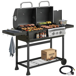 Dual Fuel BBQ Grill, Charcoal and 2+1 Gas Burner Barbecue Grill with Wheels, Warming Rack, Shelves, Thermometer, Bottle Opener, Outdoor Barbeque for Backyard Patio, Black