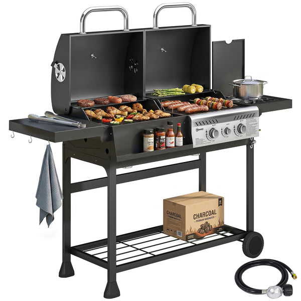 Dual Fuel BBQ Grill, Charcoal and 2+1 Gas Burner Barbecue Grill with Wheels, Warming Rack, Shelves, Thermometer, Bottle Opener, Outdoor Barbeque for Backyard Patio, Black