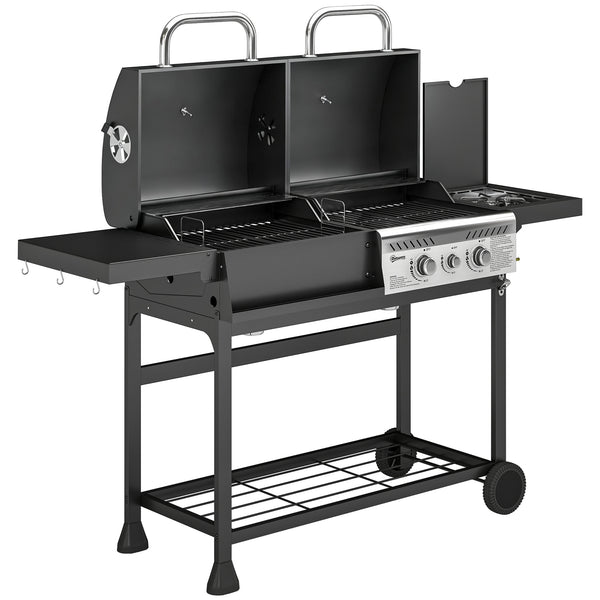 Dual Fuel BBQ Grill, Charcoal and 2+1 Gas Burner Barbecue Grill with Wheels, Warming Rack, Shelves, Thermometer, Bottle Opener, Outdoor Barbeque for Backyard Patio, Black