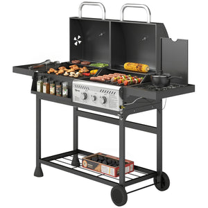 Dual Fuel BBQ Grill, Charcoal and 2+1 Gas Burner Barbecue Grill with Wheels, Warming Rack, Shelves, Thermometer, Bottle Opener, Outdoor Barbeque for Backyard Patio, Black