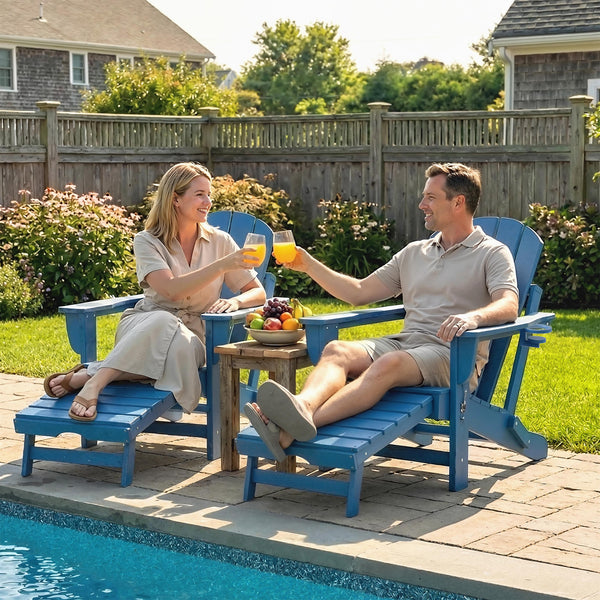 Folding Adirondack Chair Set of 2, Outdoor HDPE Fire Pit Chair with Retractable Ottoman, Cup Holder and Large Seat for Deck, Garden, Backyard, Blue
