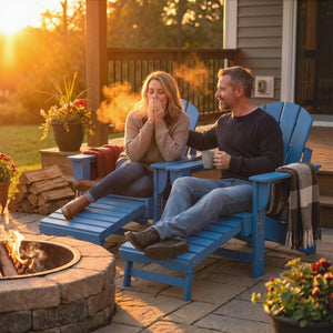 Folding Adirondack Chair Set of 2, Outdoor HDPE Fire Pit Chair with Retractable Ottoman, Cup Holder and Large Seat for Deck, Garden, Backyard, Blue