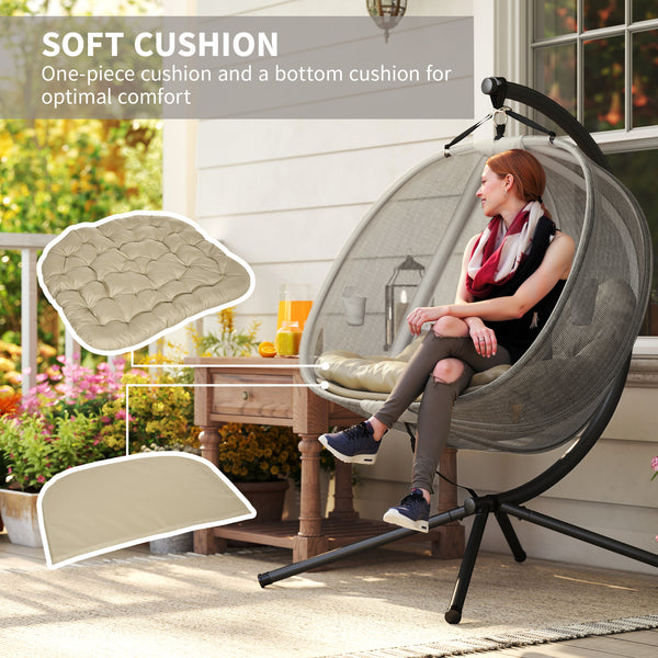 Double Egg Chair with Stand, 2 Person Hanging Swing Egg Chair Outdoor Indoor, 528 LBS Capacity Loveseat Hammock Swing with Cushion, Pockets, Khaki