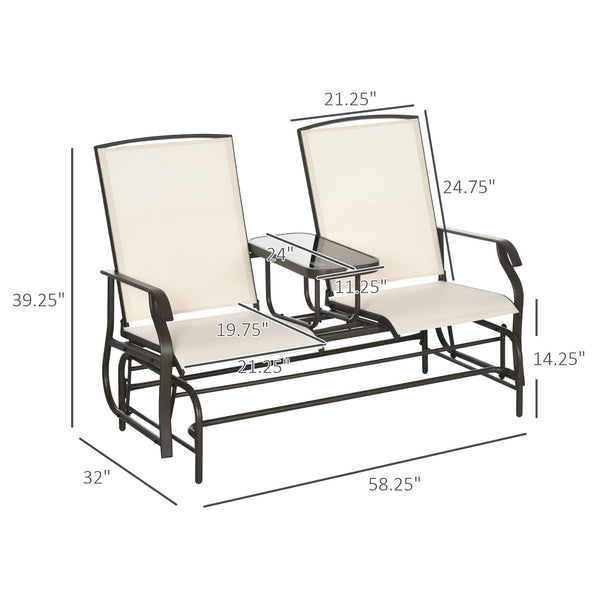 Outsunny Outdoor Glider Bench with Center Table, Metal Frame Patio Loveseat with Breathable Mesh Fabric and Armrests for Backyard Garden Porch, Beige