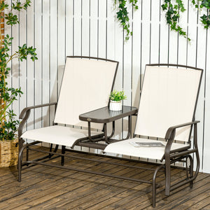 Outsunny Outdoor Glider Bench with Center Table, Metal Frame Patio Loveseat with Breathable Mesh Fabric and Armrests for Backyard Garden Porch, Beige